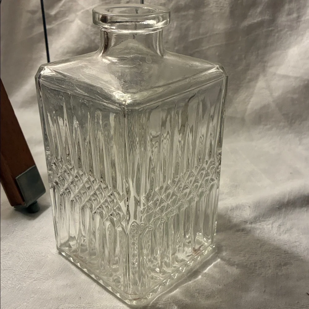 Elegant Glass Decanter with Metal Holder Both Square W/Square Stopper Original